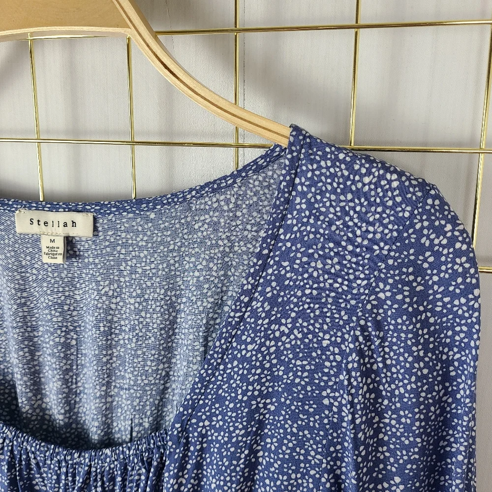 Stellah Blue White Dot Print Smocked Waist Milkmaid Long Sleeve Dress